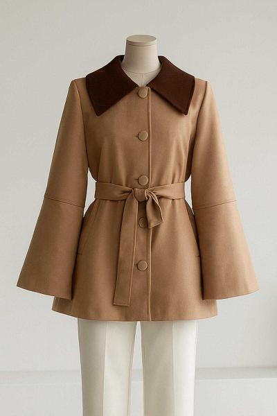 Yakası Kadife Detaylı Kuşaklı Süet Trençkot Camel