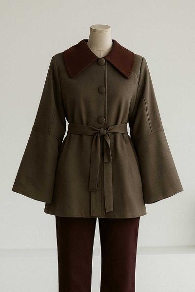 Yakası Kadife Detaylı Kuşaklı Süet Trençkot Haki