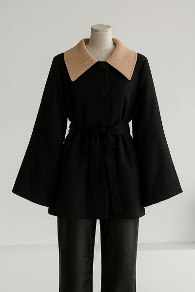 Yakası Kadife Detaylı Kuşaklı Süet Trençkot Siyah