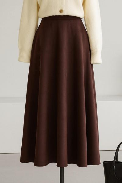 Kloş Fermuarlı Süet Etek Kahve