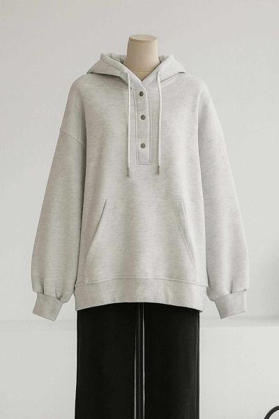 Kapşonlu Çtçıtlı Salaş Üç İplik Sweat Açık Gri