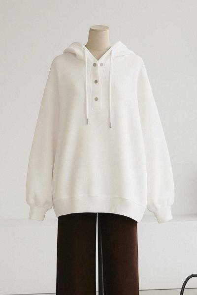 Kapşonlu Çtçıtlı Salaş Üç İplik Sweat Ekru