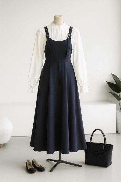 Kuşgözlü Askılı Tokalı Tencel Jile Lacivert