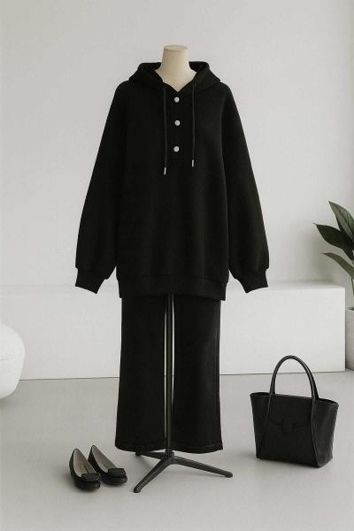 Kapşonlu Çtçıtlı Salaş Dikişli Üç İplik Sweat Siyah