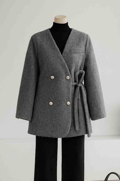 Dört Düğmeli Yandan Bağlamalı Yünlü Kaşe Ceket Füme