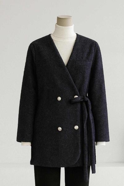 Dört Düğmeli Yandan Bağlamalı Yünlü Kaşe Ceket Lacivert