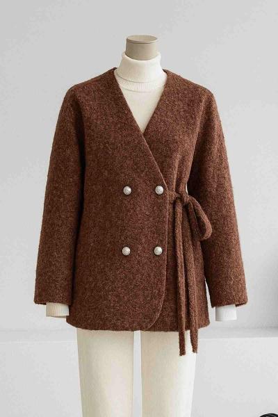 Dört Düğmeli Yandan Bağlamalı Yünlü Kaşe Ceket Sütlü Kahve