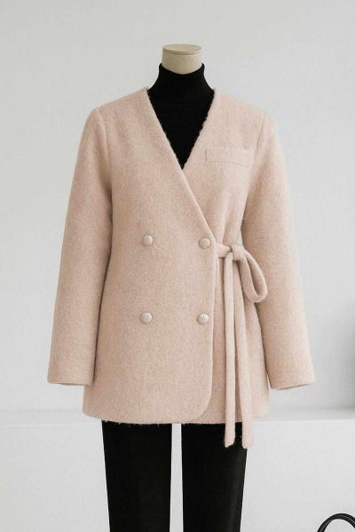 Dört Düğmeli Yandan Bağlamalı Yünlü Kaşe Ceket Taş