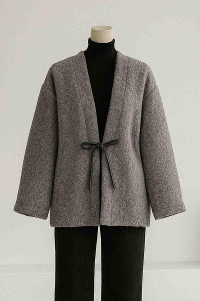 Deri Bağlamalı Oversıze Yünlü Kaşe Ceket Füme