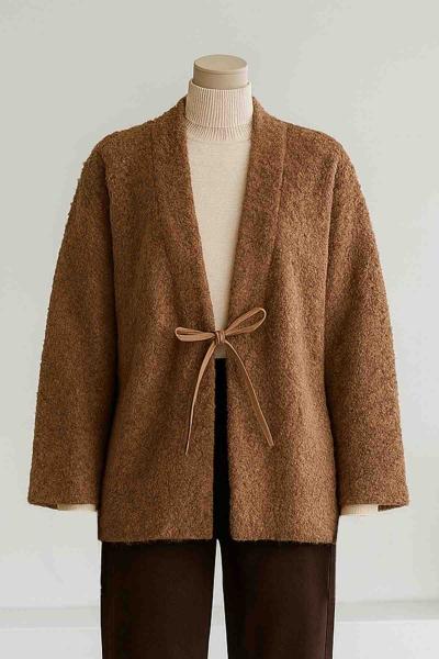 Deri Bağlamalı Oversıze Yünlü Kaşe Ceket Kahve