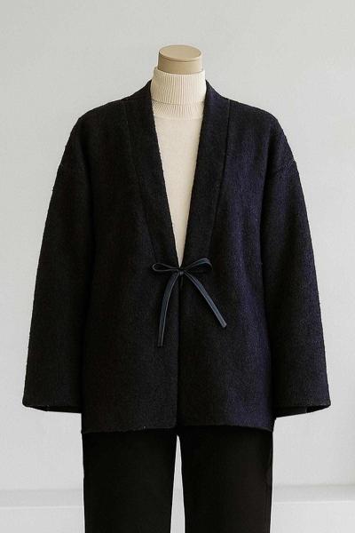 Deri Bağlamalı Oversıze Yünlü Kaşe Ceket Lacivert