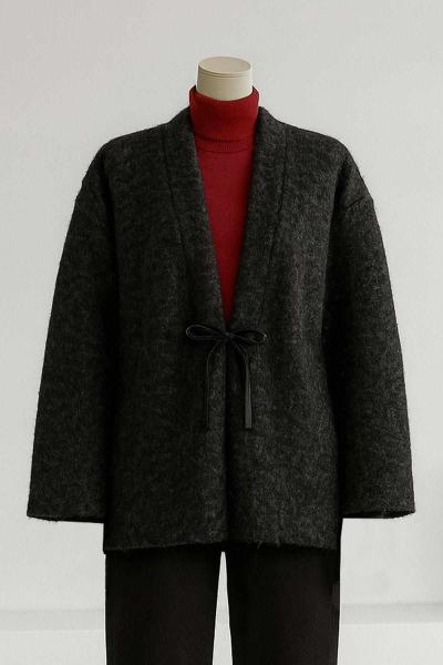 Deri Bağlamalı Oversıze Yünlü Kaşe Ceket Siyah