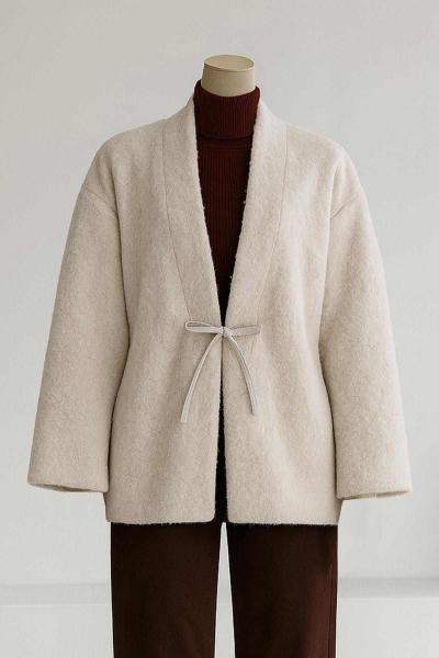 Deri Bağlamalı Oversıze Yünlü Kaşe Ceket Taş