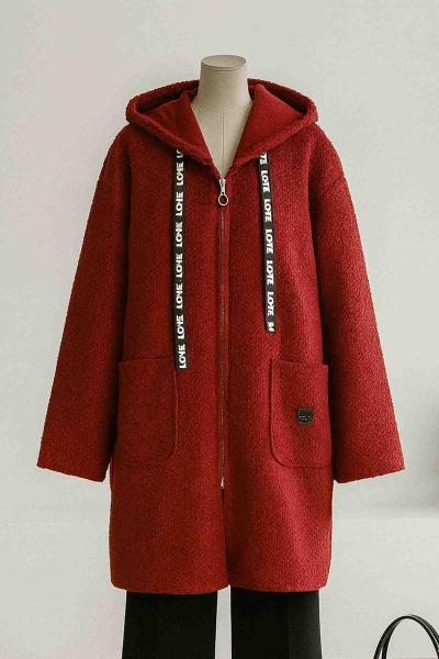 Kapşonlu Çift Cepli Armalı Buklet Oversıze Uzun Ceket Bordo