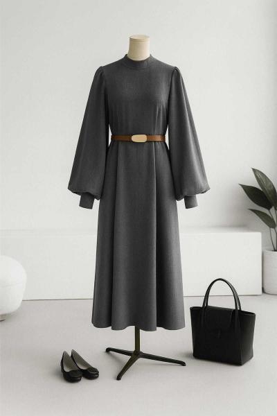 Balon Kollu Fitilli Kemerli Elbise Füme