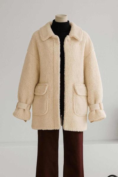 Oversıze Kolları Deri Kemerli Çift Cepli Peluş Mont Bej