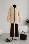 Oversıze Kolları Deri Kemerli Çift Cepli Peluş Mont Bej