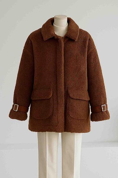 Oversıze Kolları Deri Kemerli Çift Cepli Peluş Mont Kahve