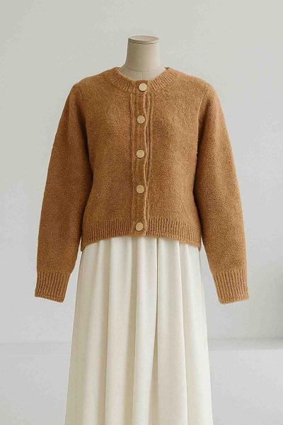 Beş Düğmeli Havlu Triko Hırka Camel