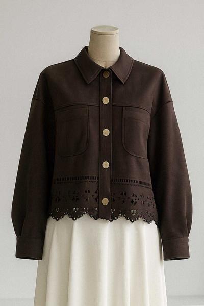 Çift Cepli Lazer Kesim Süet Gömlek Koyu Kahve