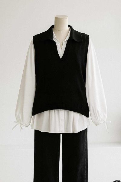 Kesik Yakalı Triko Süveter Siyah