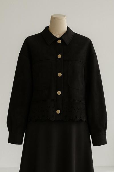 Çift Cepli Lazer Kesim Süet Gömlek Siyah