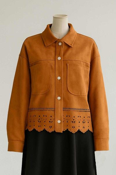 Çift Cepli Lazer Kesim Süet Gömlek Taba