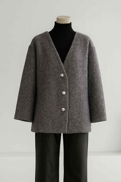 Asimetrik Üç Düğmeli Yünlü Kaşe Ceket Füme