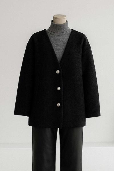 Asimetrik Üç Düğmeli Yünlü Kaşe Ceket Siyah