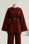 Metal Kemerli Kuşaklı Pantolonlu Scuba Takım Bordo