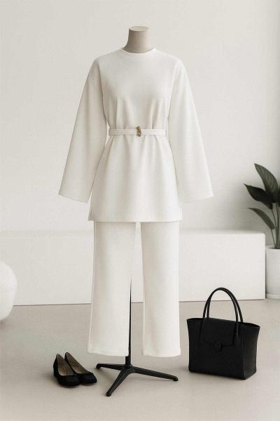 Metal Kemerli Kuşaklı Pantolonlu Scuba Takım Ekru