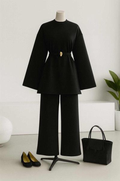 Metal Kemerli Kuşaklı Pantolonlu Scuba Takım Siyah