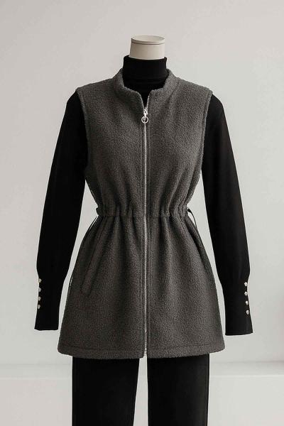 Fermuarlı Çift Cepli Beli Lastikli Buklet Yelek Antrasit