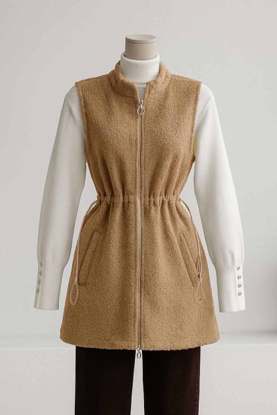 Fermuarlı Çift Cepli Beli Lastikli Buklet Yelek Camel