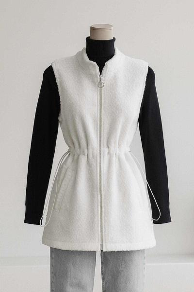 Fermuarlı Çift Cepli Beli Lastikli Buklet Yelek Ekru