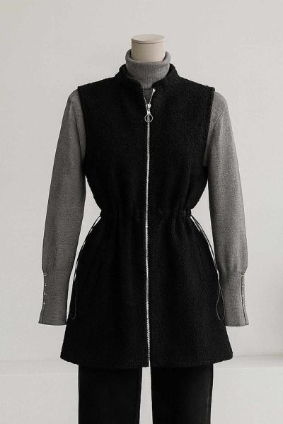 Fermuarlı Çift Cepli Beli Lastikli Buklet Yelek Siyah