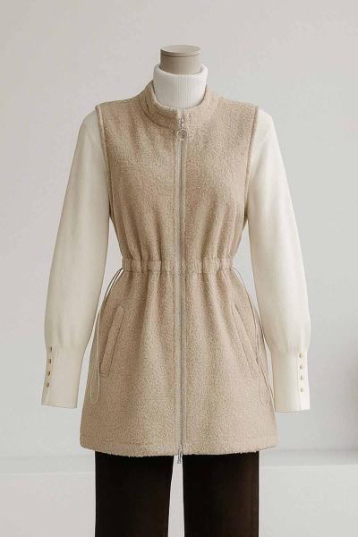 Fermuarlı Çift Cepli Beli Lastikli Buklet Yelek Taş