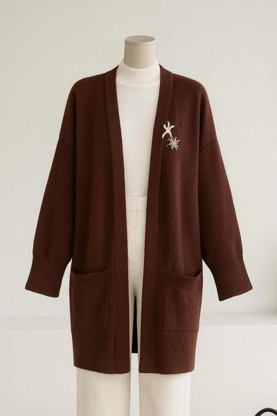 Çift Cepli Broşlu Keçe Hırka Kahve