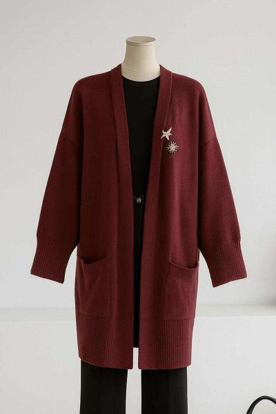 Çift Cepli Broşlu Keçe Hırka Mürdüm