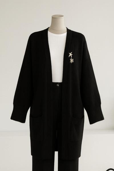 Çift Cepli Broşlu Keçe Hırka Siyah