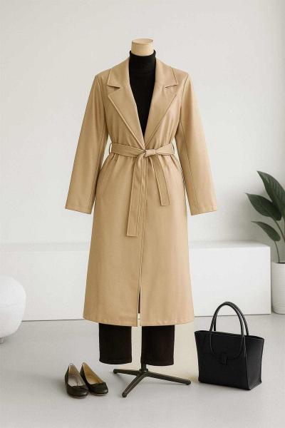 Tek Düğmeli Kuşaklı Deri Trençkot Bej