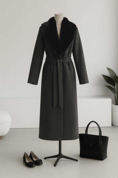 Şal Yaka Kürk Yan Cepli Kaşe Kaban Antrasit