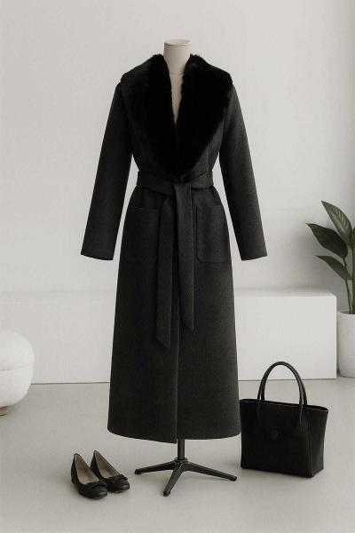 Şal Yaka Kürk Çift Cepli Kaşe Kaban Antrasit