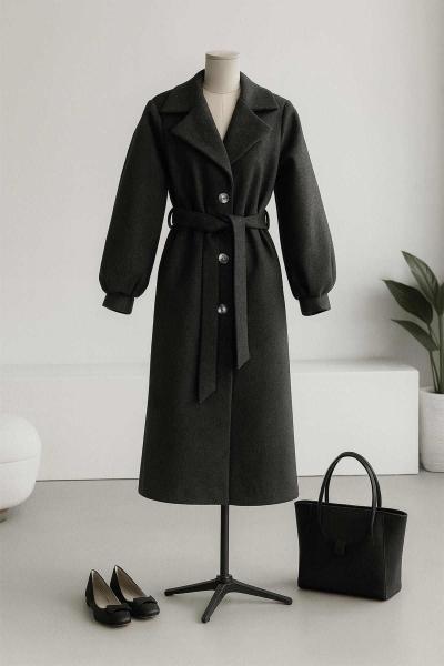 Üç Düğmeli Balon Kollu Kuşaklı Kaşe Kaban Antrasit