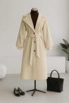Üç Düğmeli Balon Kollu Kuşaklı Kaşe Kaban Bej