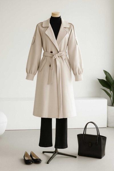 Apoletli Kuşaklı Kaşe Kaban Bej