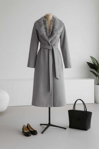 Şal Yaka Kürk Yan Cepli Kaşe Kaban Gri