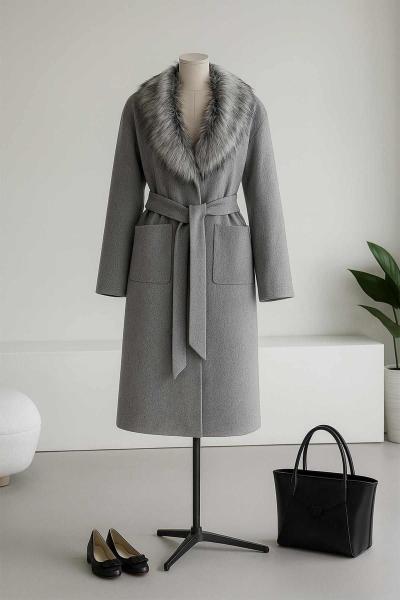 Şal Yaka Kürk Çift Cepli Kaşe Kaban Gri