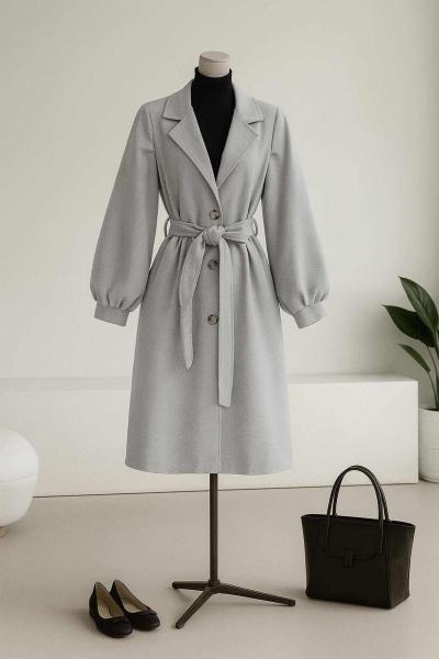 Üç Düğmeli Balon Kollu Kuşaklı Kaşe Kaban Gri
