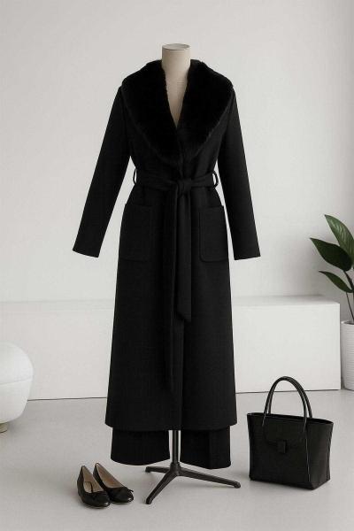 Şal Yaka Kürk Çift Cepli Kaşe Kaban Siyah